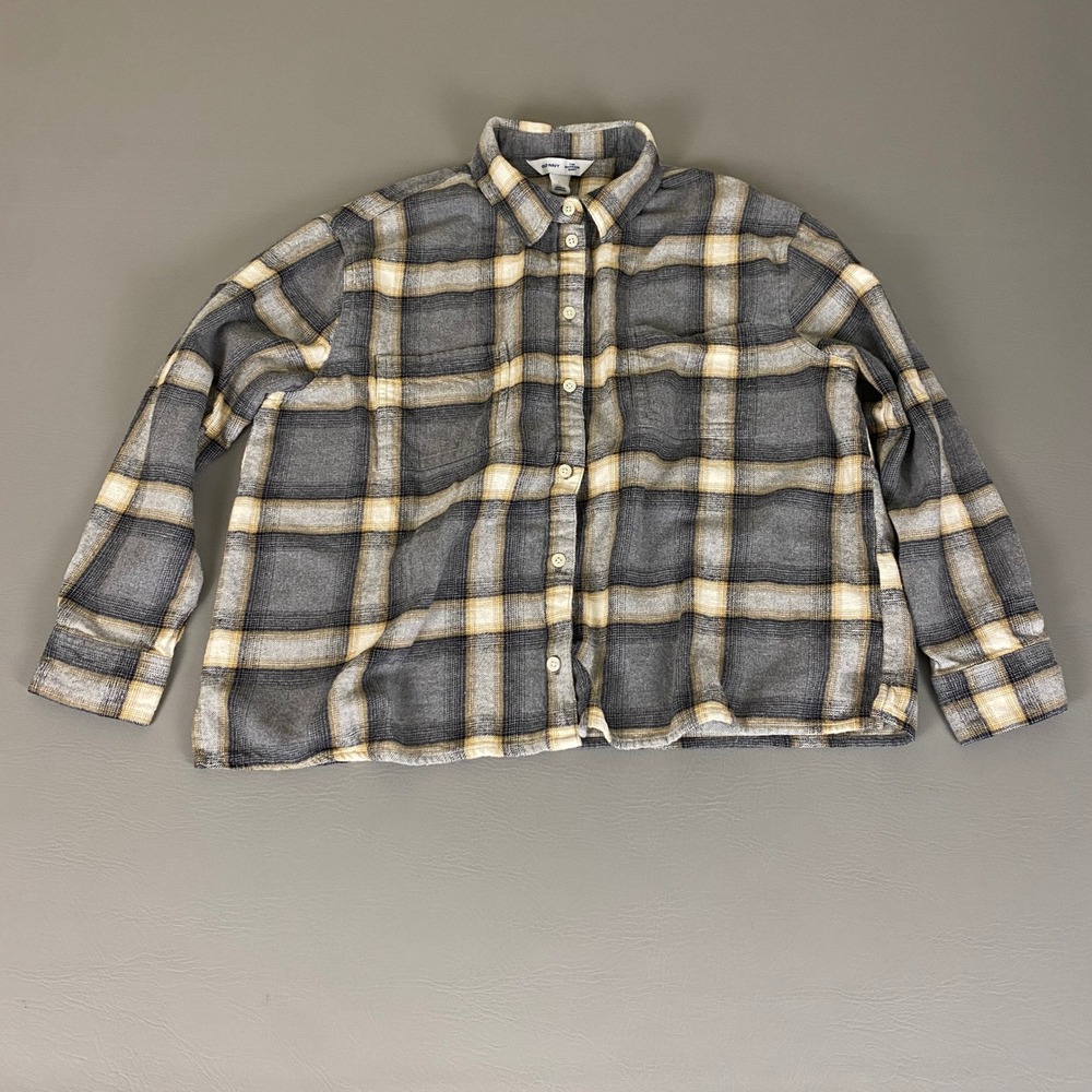 Old Navy The Boyfriend Flannel Shirt‎ Women's Large Gray Plaid Long Sleeve